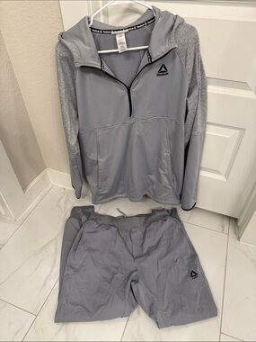 Reebok Light Gray Pullover Hoodie & Jogger Shorts Set